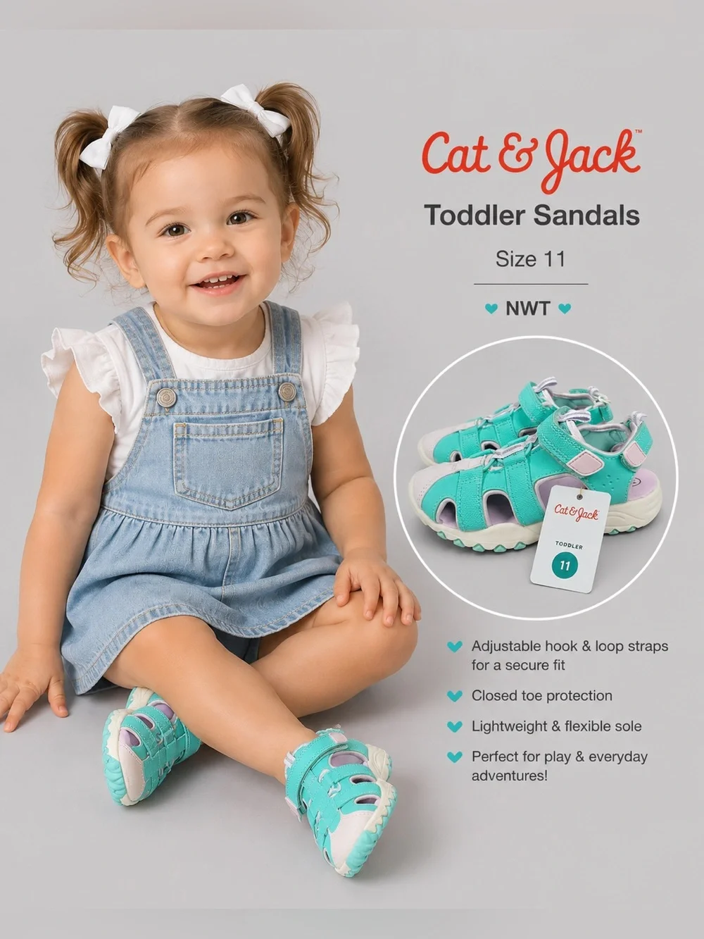 Cat & Jack Toddler Aqua Closed Toe Sandals | Adjustable Hook & Loop Size 11 NWT